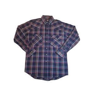 Crazy Cowboy Mens Medium Plaid Western Shirt Blue Pink Button Front Cotton